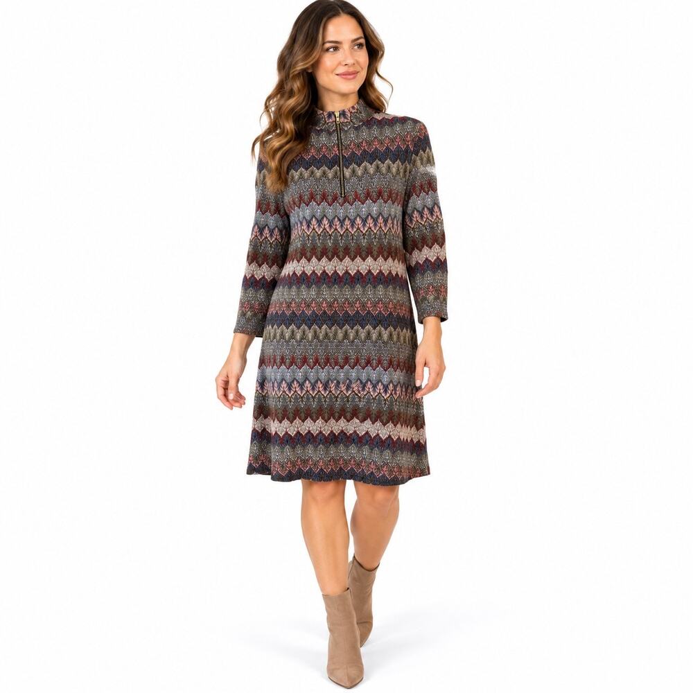 Catherine Malandrino Size 10 Multicolor Chevron Knit Shift Dress 3/4 Sleeve
